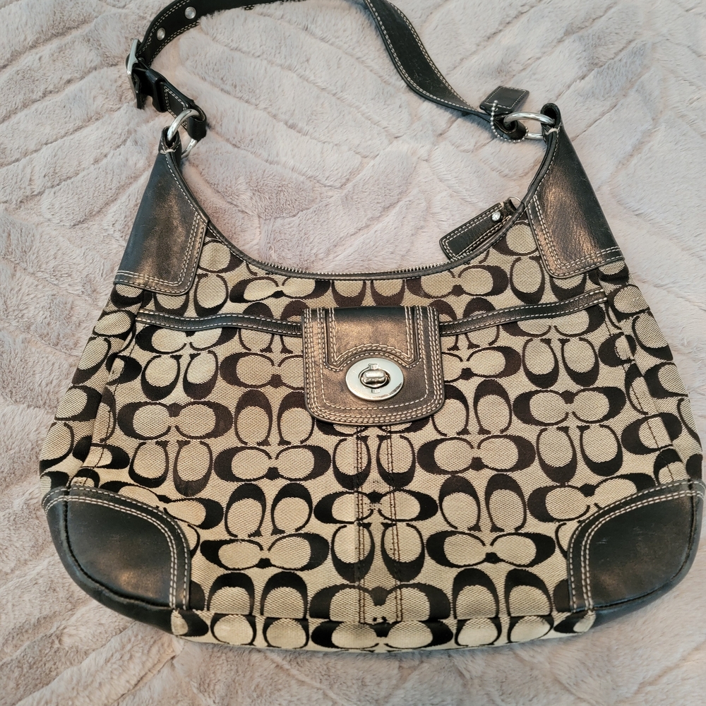 Coach Black and Tan Signature Hobo Bag
